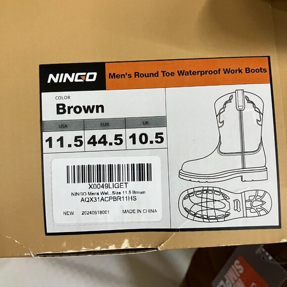 NINGO Men\'s 11.5 Brown Steel Toe Work Pull-On Design Leather Non Slip Work Boots